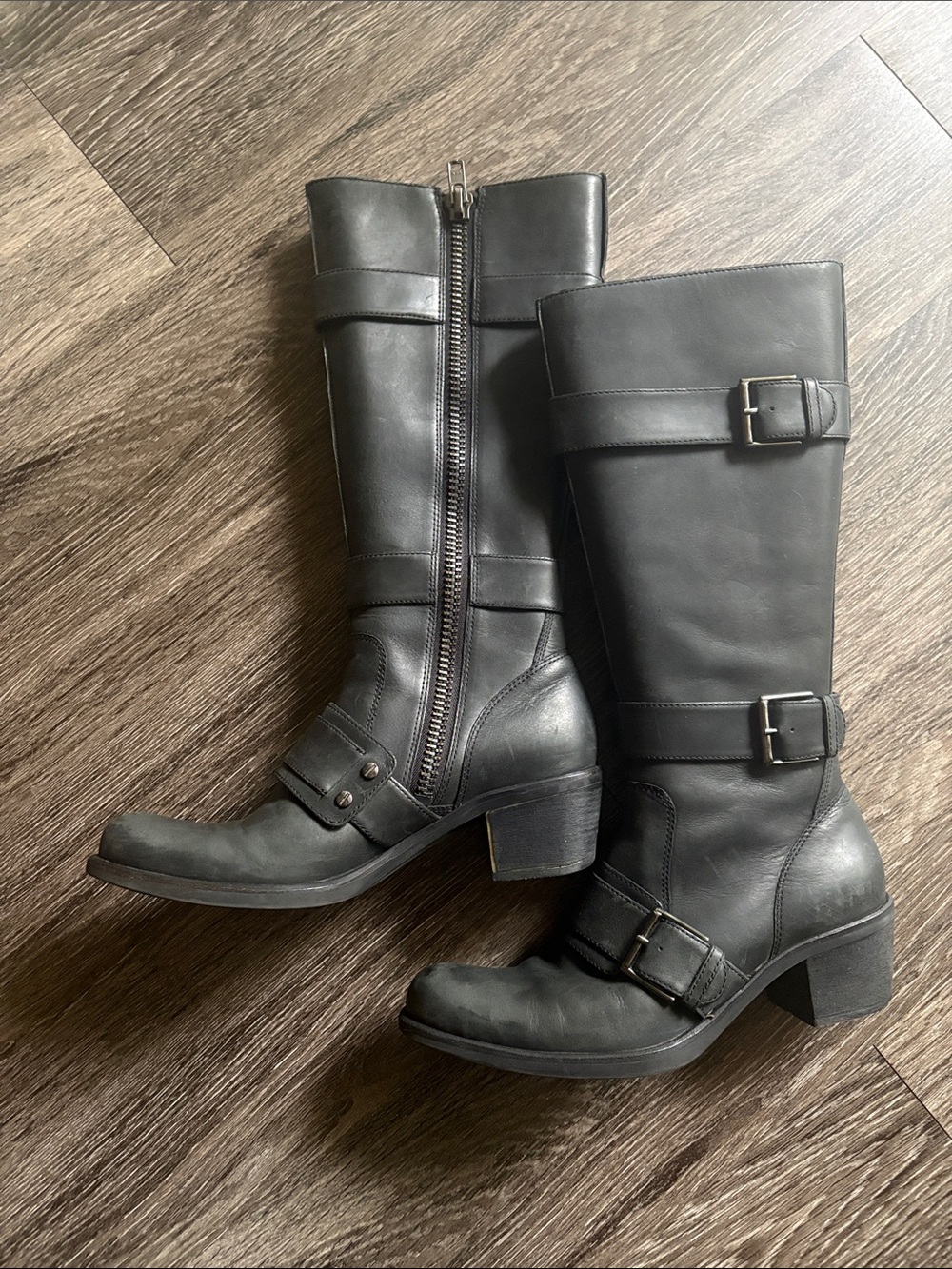Cole Haan Black Mid-Calf Leather Buckle Zip Riding Boots